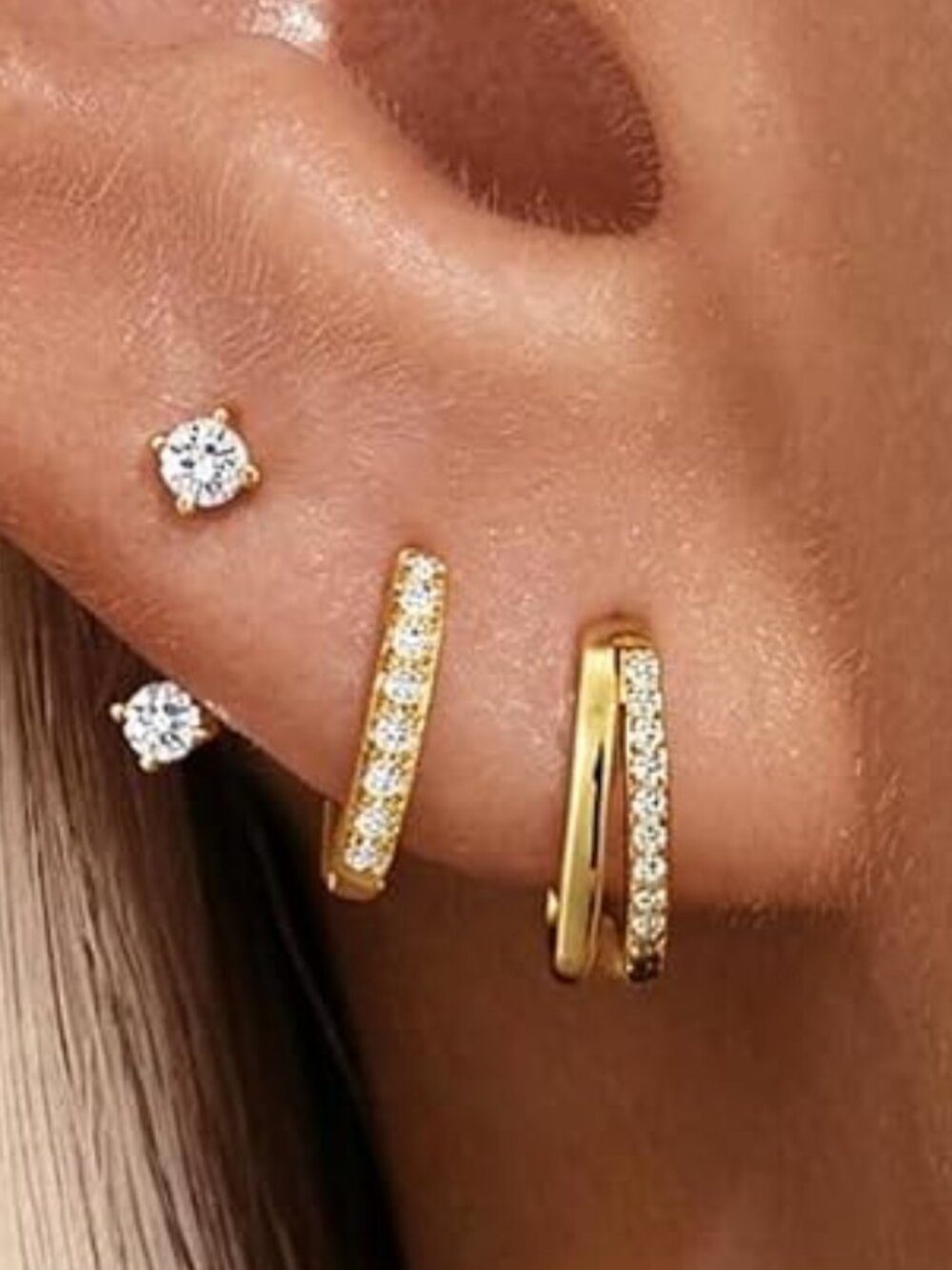 3 Pairs 14K Gold Hoop & Huggie Earrings Set
